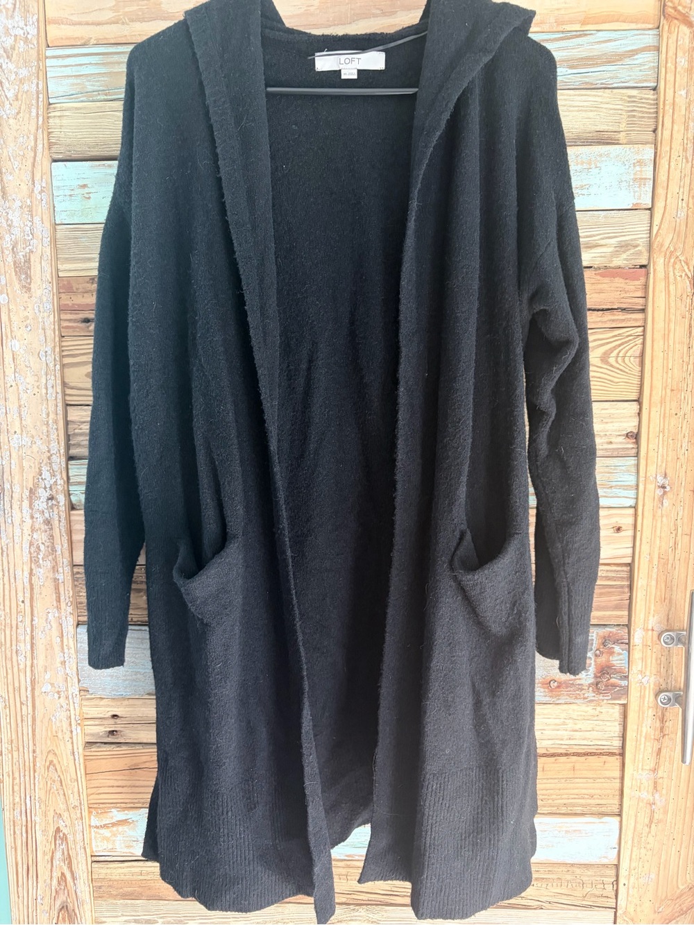 LOFT Black Hooded Long Cardigan Sweater XS Duster Open Front Pockets